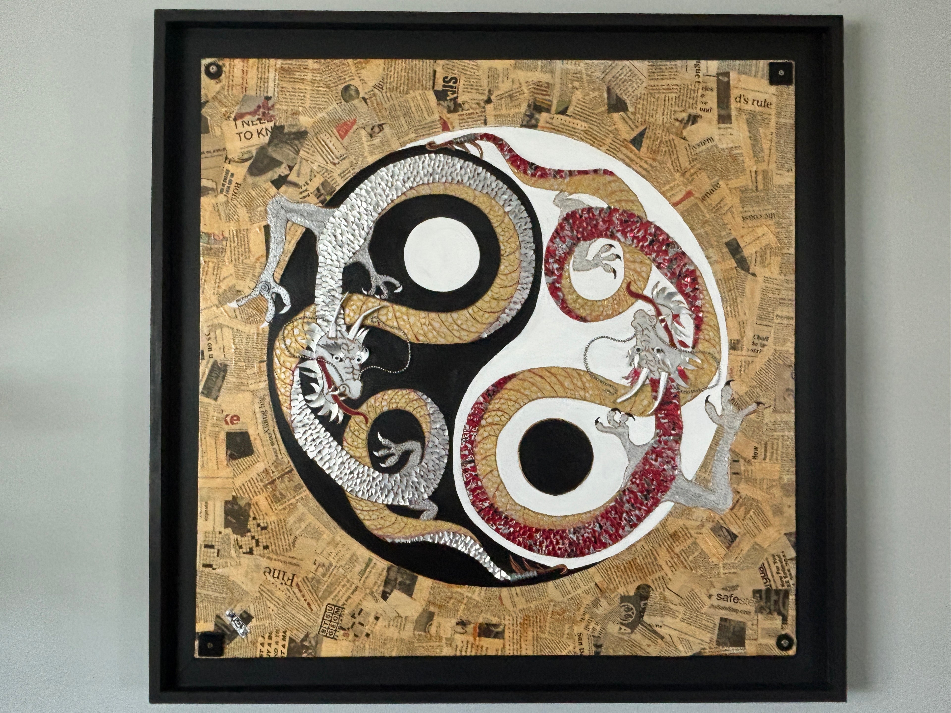 Balance of Life — original mixed media yin yang dragon painting on carved wood by Rita Irvin