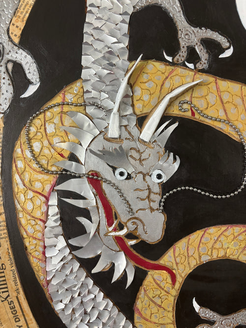 Balance of Life — detail of Coca-Cola can dragon scales on carved wood by Rita Irvin