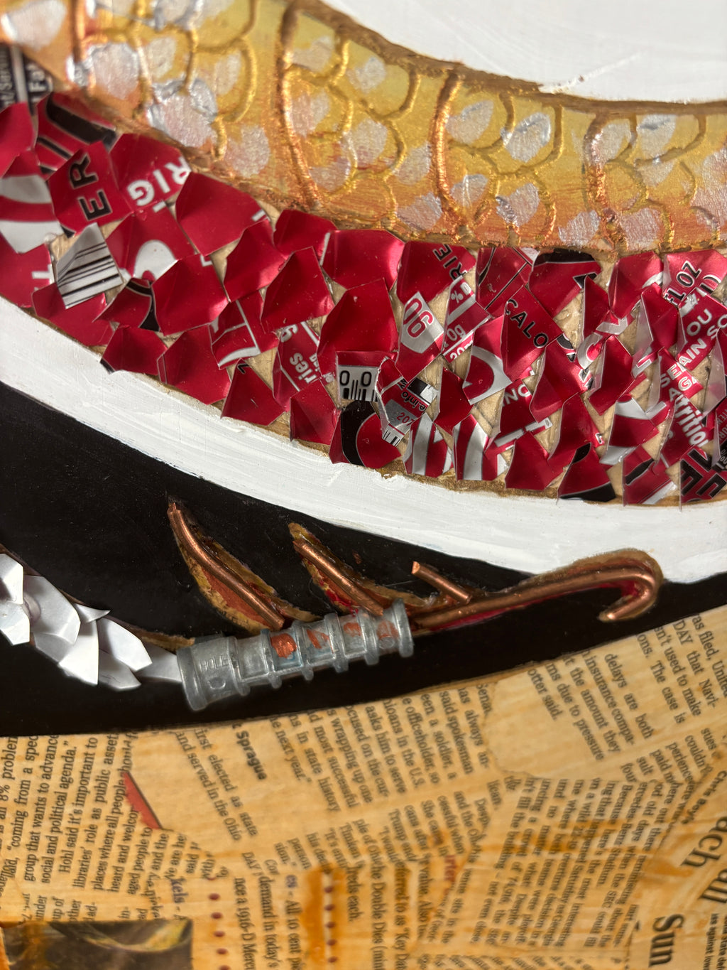 Balance of Life — close-up of silver dragon head mixed media on wood by Rita Irvin