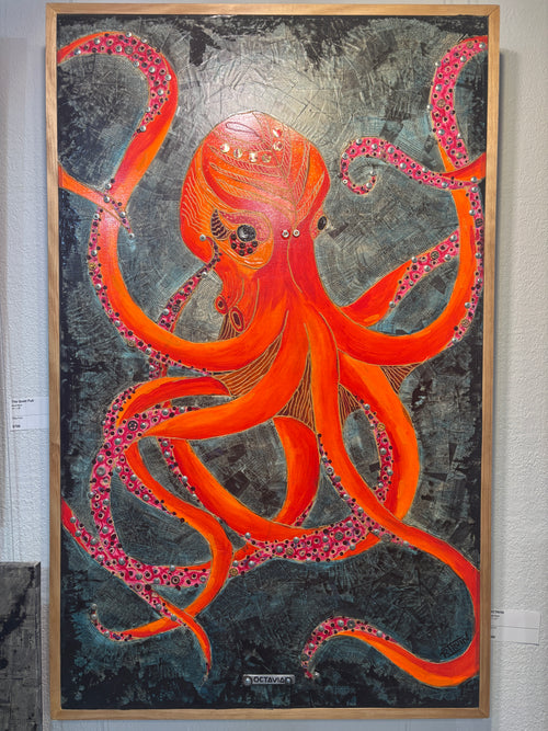 Octavia — original mixed media octopus painting on carved wood by Rita Irvin, full view in light wood frame