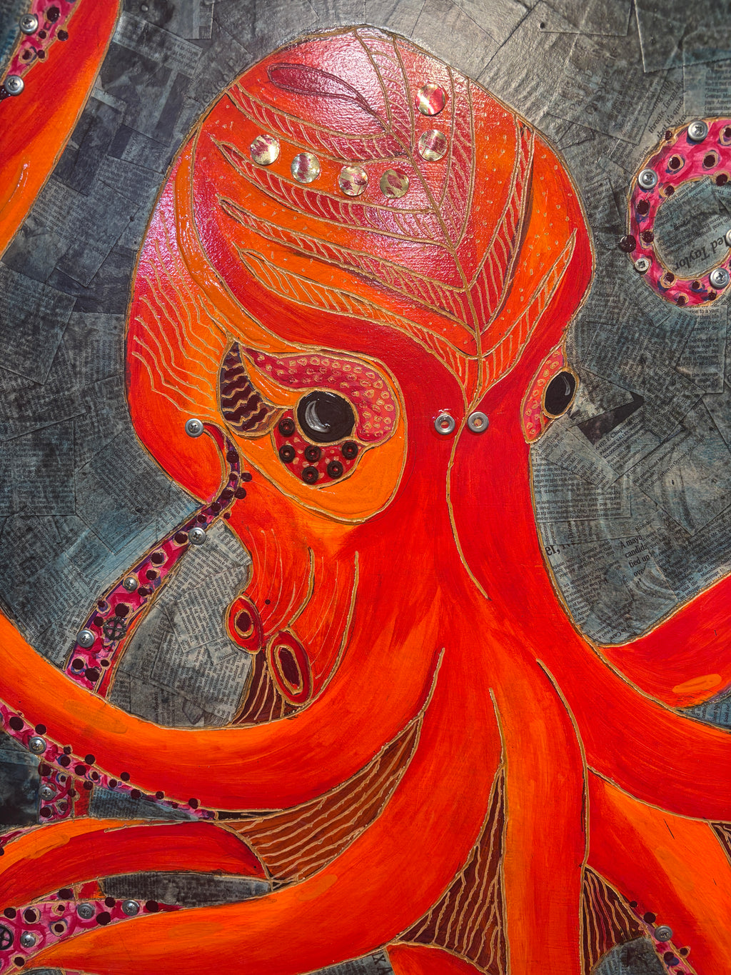 Octavia — detail of tentacle with screws bolts and brass gears mixed media by Rita Irvin