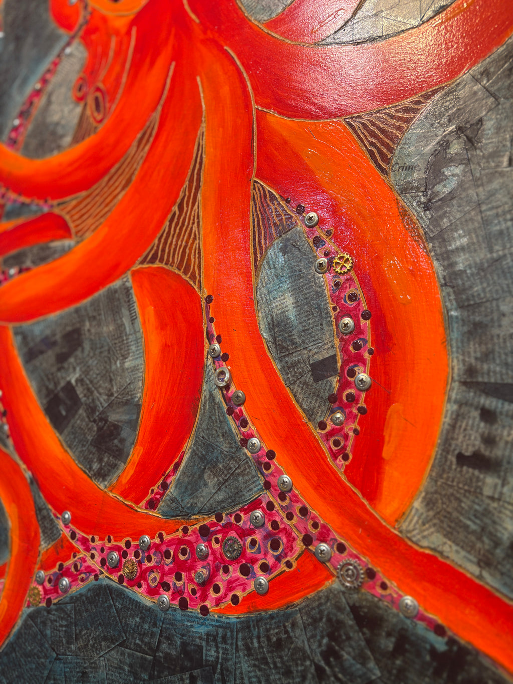 Octavia — detail of carved wood grain showing through octopus body mixed media by Rita Irvin