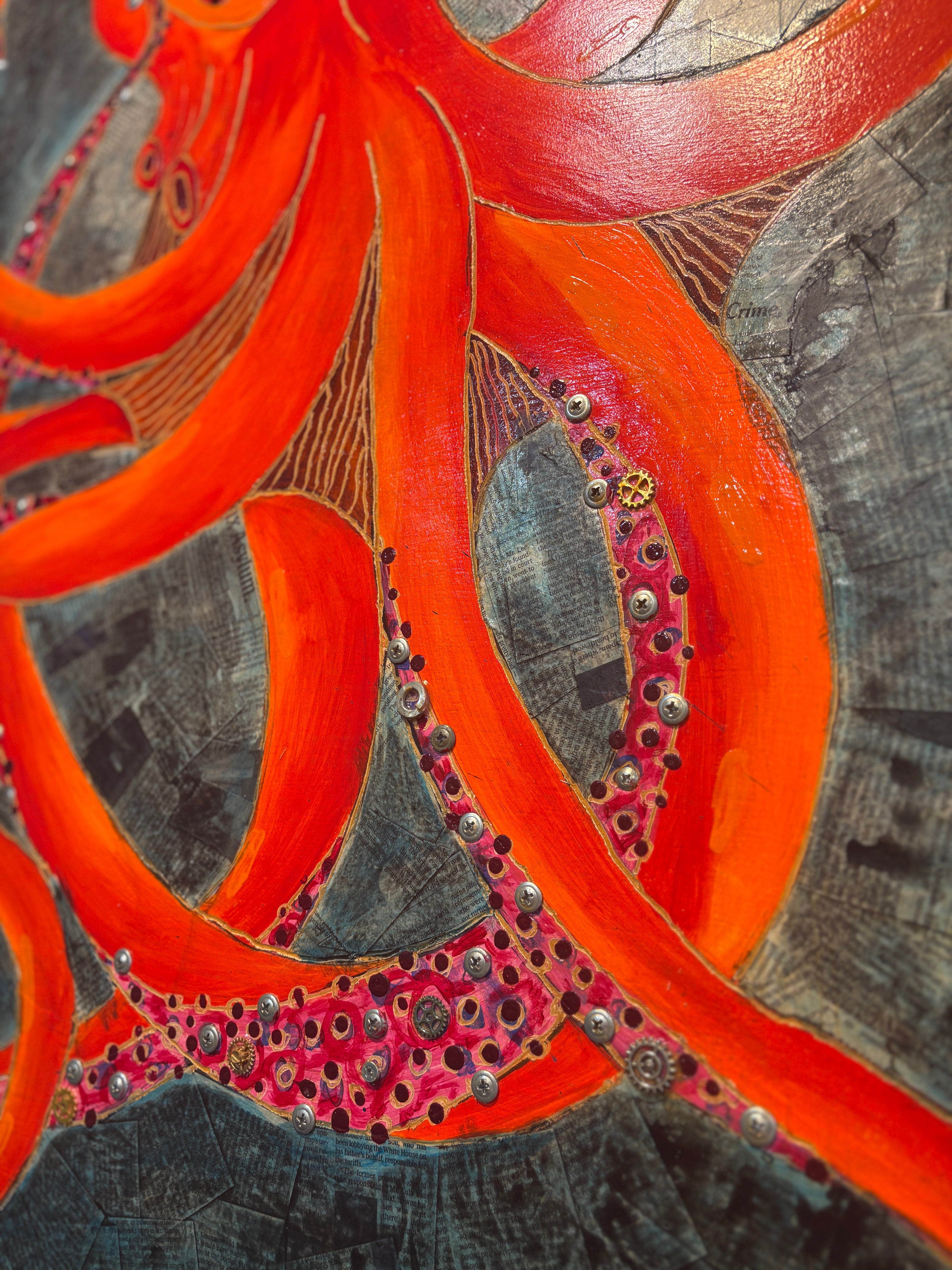 Octavia — detail of carved wood grain showing through octopus body mixed media by Rita Irvin